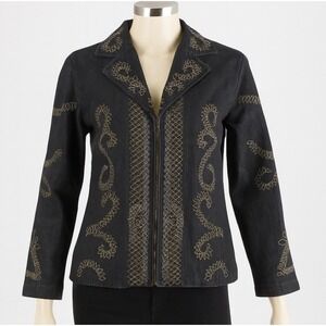 Antthony Studio Jacket Womens 10 Black Denim Embroidered Western Bohemian Y2K